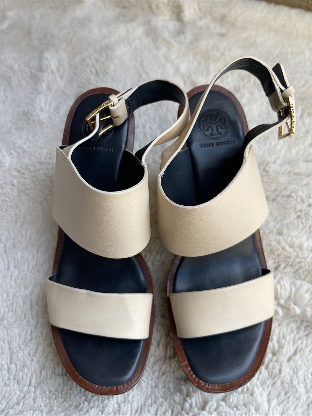 Tory Burch Wedge Leather Double-Band Slingback Sandals with Gold Buckle Size 7